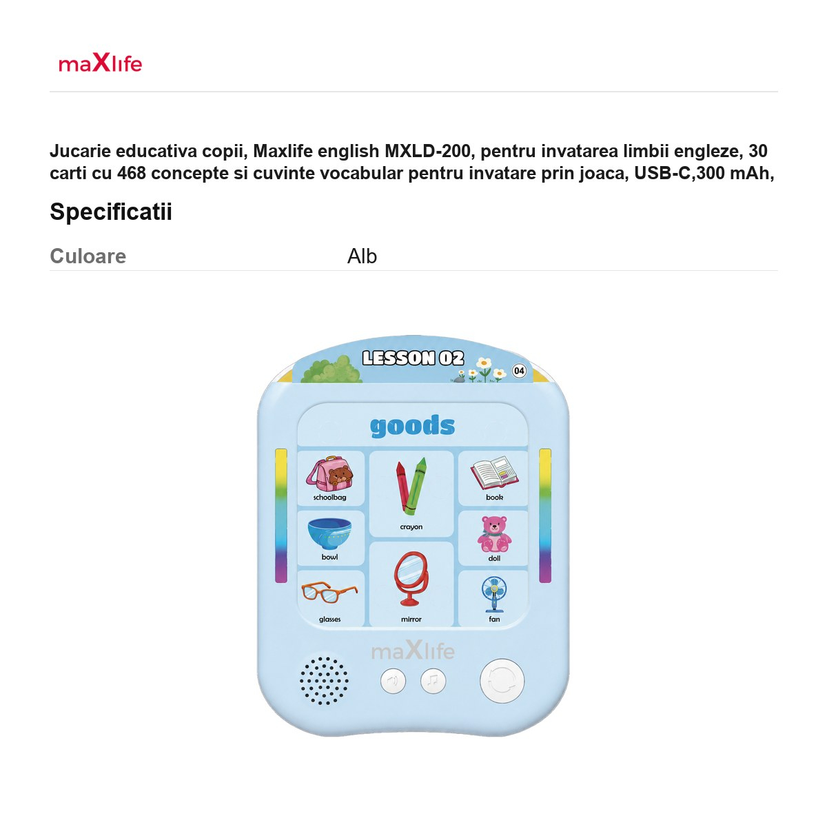 Jucarie educativa copii, Maxlife english MXLD-200, pentru invatarea limbii engleze, 30 carti cu 468 concepte si cuvinte vocabular pentru invatare prin joaca, USB-C,300 mAh, Alb [3]