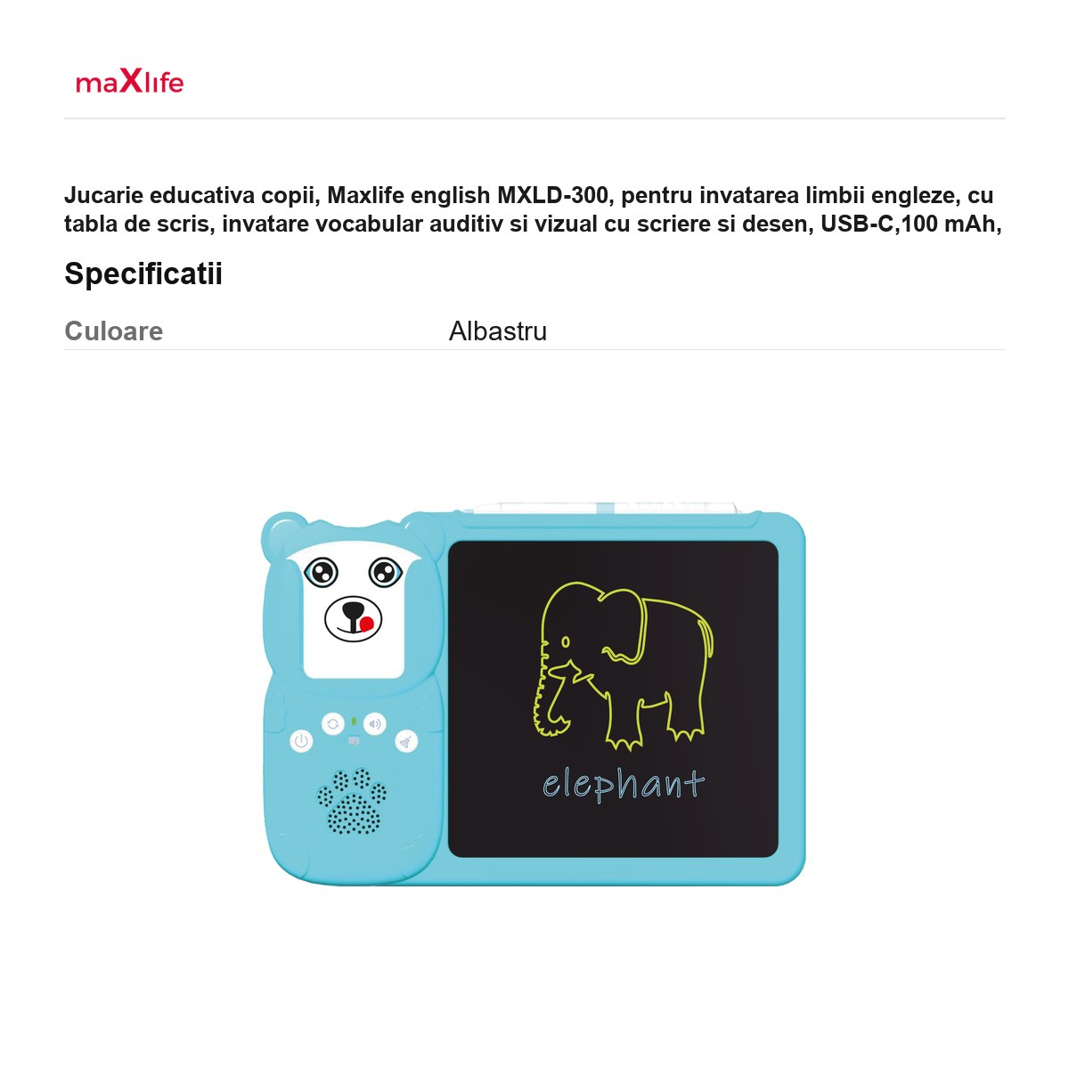 Jucarie educativa copii, Maxlife english MXLD-300, pentru invatarea limbii engleze, cu tabla de scris, invatare vocabular auditiv si vizual cu scriere si desen, USB-C,100 mAh, Albastru [3]