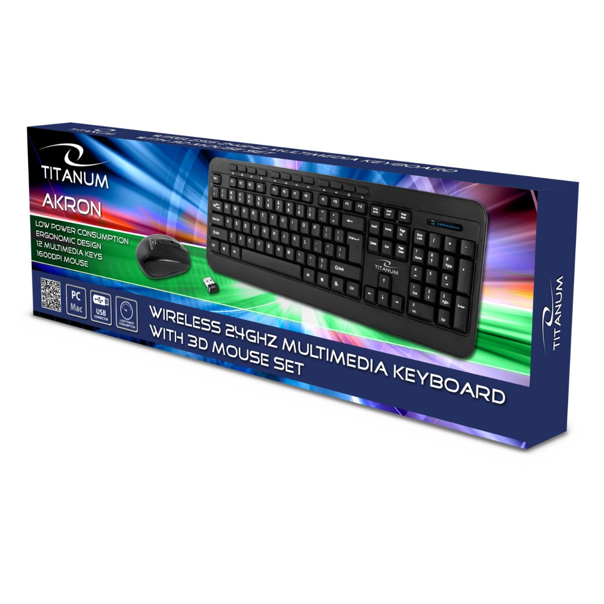 Kit tastatura multimedia fara fir si mouse wireless , Titanum Akron, 2.4 GHz, 1600 DPI, 3 butoane si scroll, negru [3]