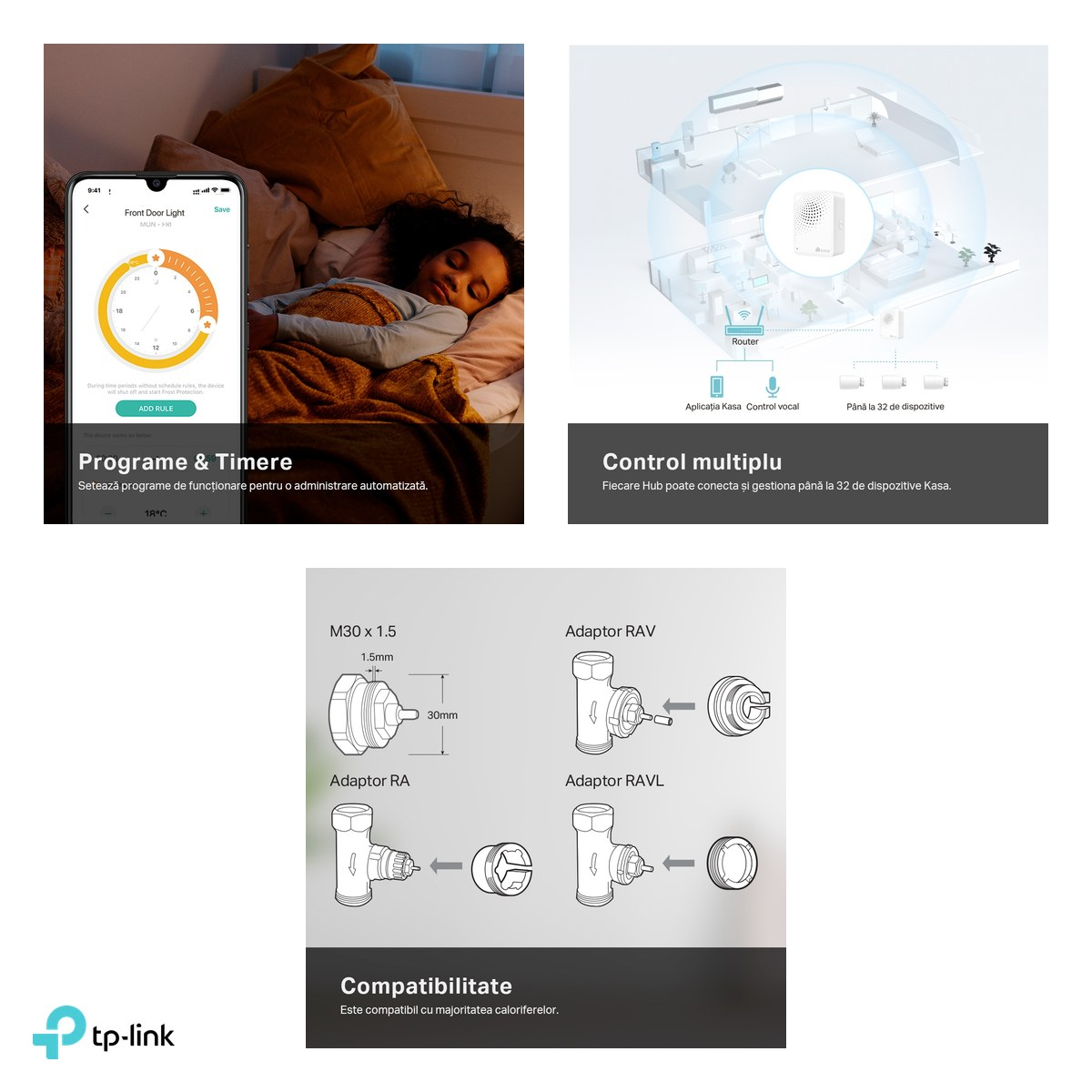 Kit termostat smart pentru calorifer TP-Link Kasa KE100 cu hub KH100, cap termostatic 868 MHz, hub Wi-Fi 2.4 GHz, filet M30x1.5 cu adaptoare RA, RAV, RAVL, alb [5]
