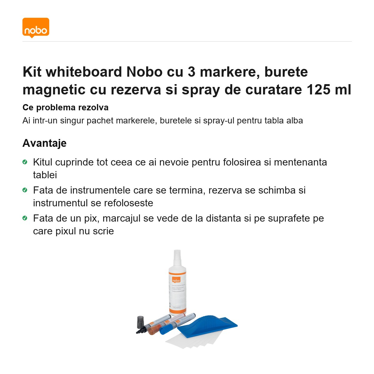 Kit whiteboard Nobo cu 3 markere, burete magnetic cu rezerva si spray de curatare 125 ml [2]