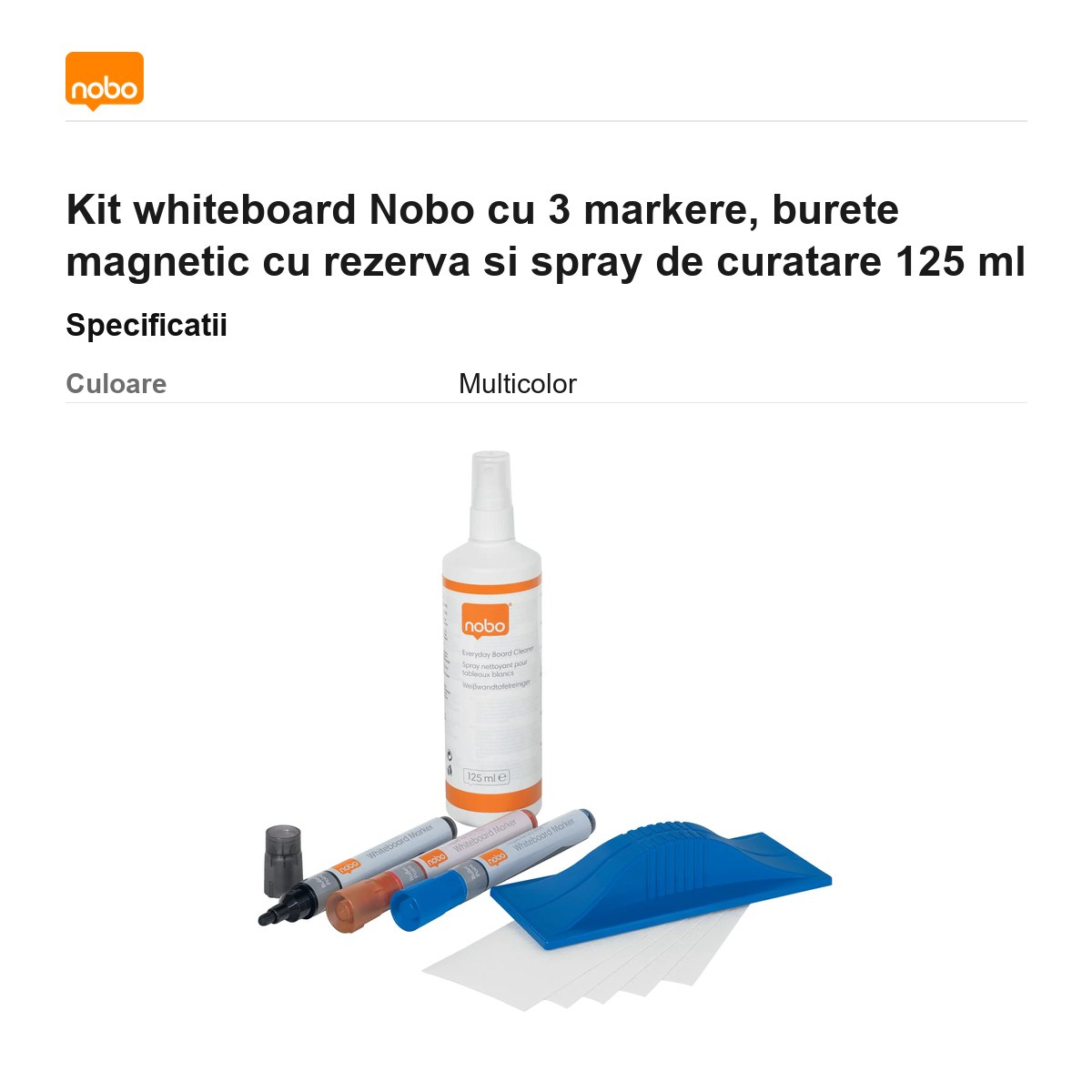 Kit whiteboard Nobo cu 3 markere, burete magnetic cu rezerva si spray de curatare 125 ml [3]
