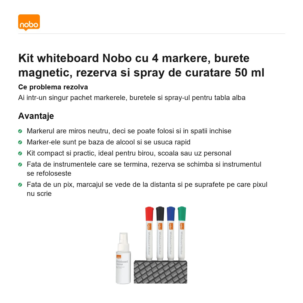 Kit whiteboard Nobo cu 4 markere, burete magnetic, rezerva si spray de curatare 50 ml [2]