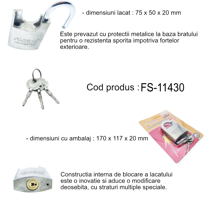 Lacat din inox, cu 3 chei stea, 50 mm, Flores FS-11430, otel durificat, argintiu [10]