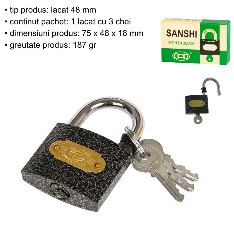 Lacat metalic, cod 12810, 48mm, 3 chei, 187gr, negru [7]