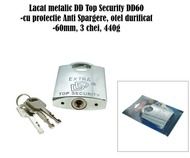 Lacat metalic DD60 Top Security, 60mm, cu protectie Anti Spargere, otel durificat, 3 chei, 440g, argintiu [5]