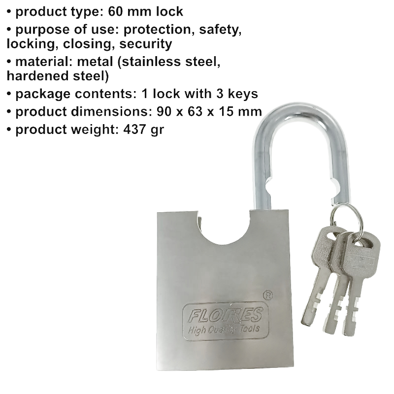 Lacat metalic inox Flores 11435, 60mm, cu protectie Anti Spargere, 3 chei, 437g, argintiu [5]