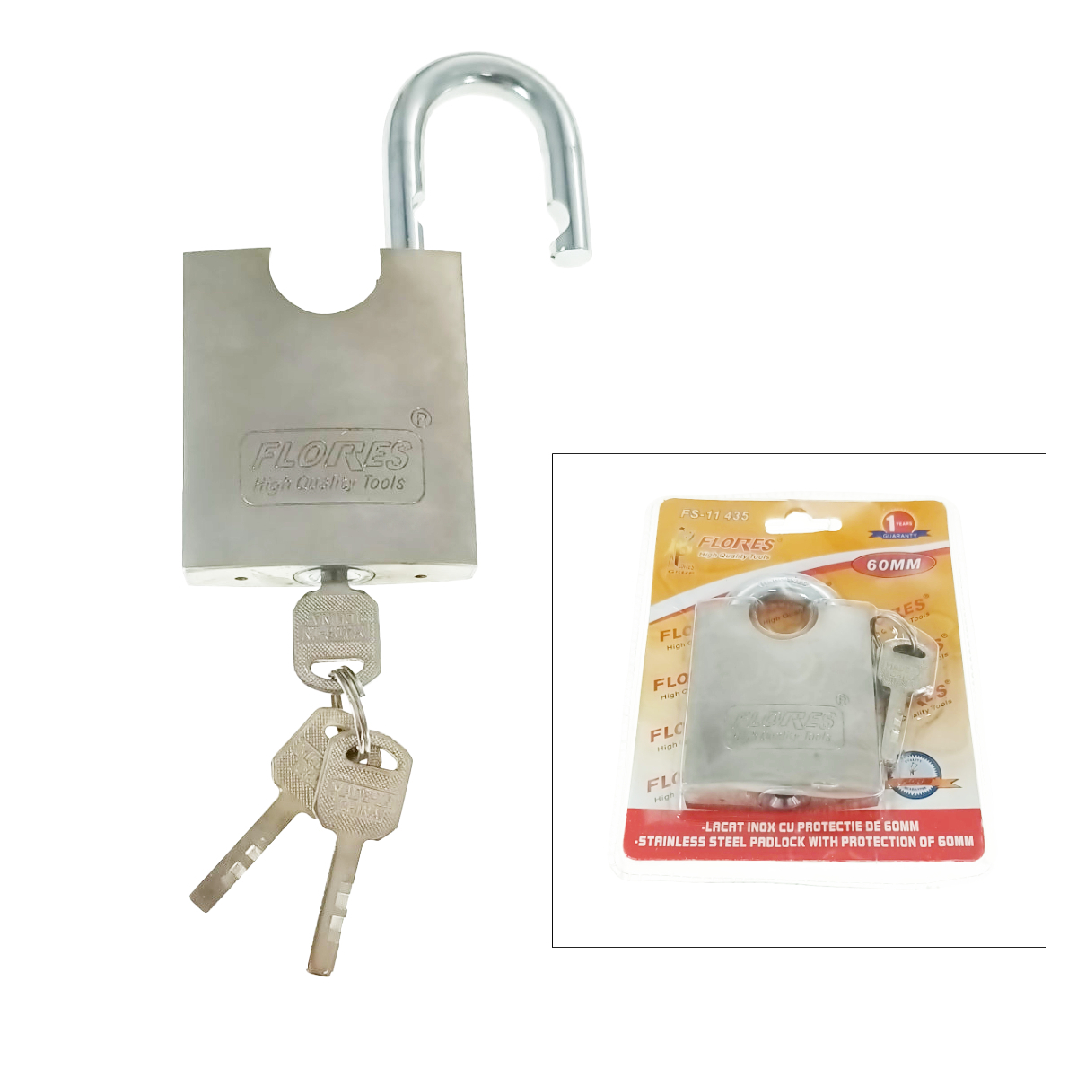 Lacat metalic inox Flores 11435, 60mm, cu protectie Anti Spargere, 3 chei, 437g, argintiu [4]