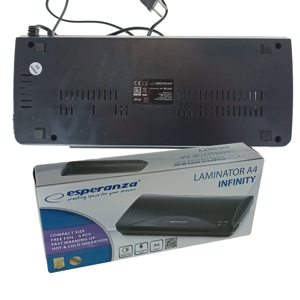 Laminator A4 Esperanza Infinity 93202, 250 mm/min, 265W, lungime cablu 130cm, negru [4]