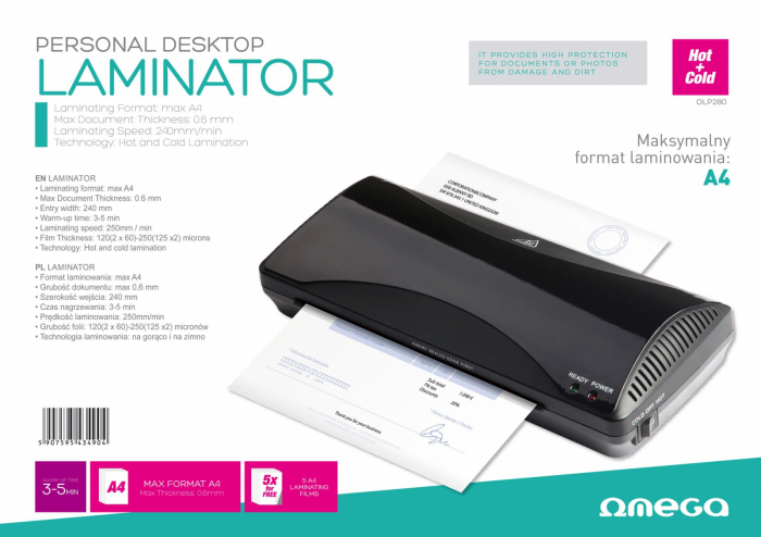 Laminator A4, Omega 43490, laminare calda si rece, 250mm/min, 120 - 250 microni [2]