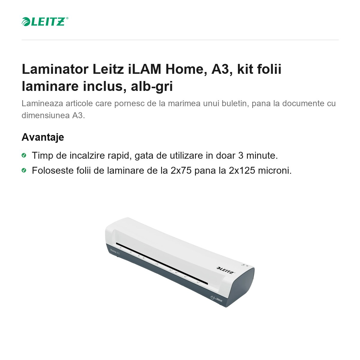 Laminator Leitz iLAM Home, A3, kit folii laminare inclus, alb-gri [2]