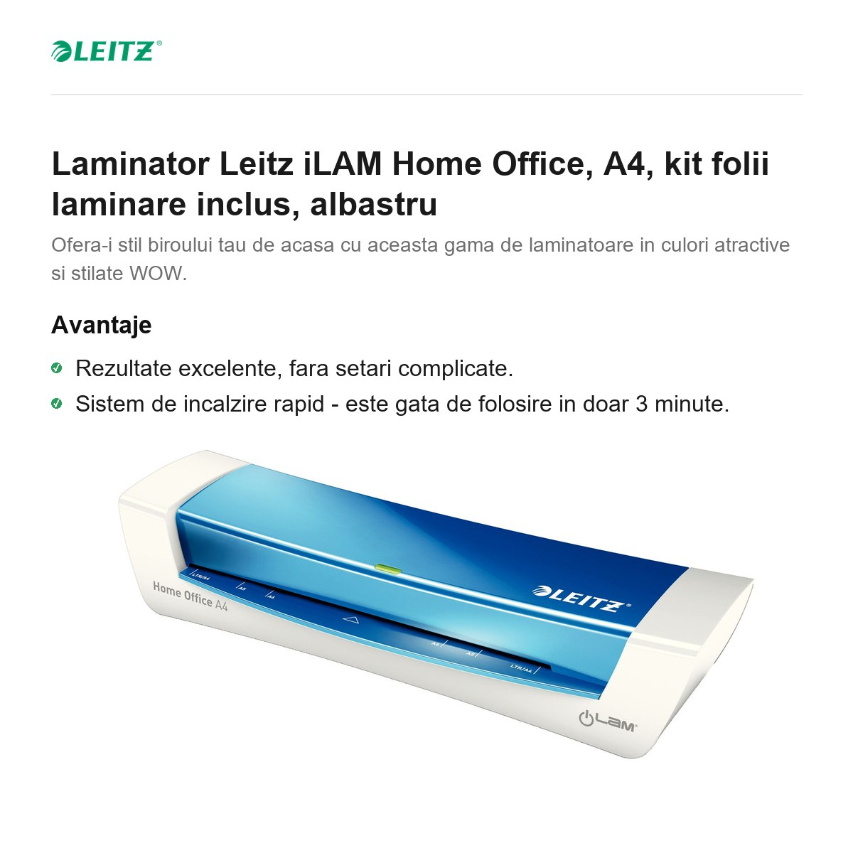 Laminator Leitz iLAM Home Office, A4, kit folii laminare inclus, albastru [2]