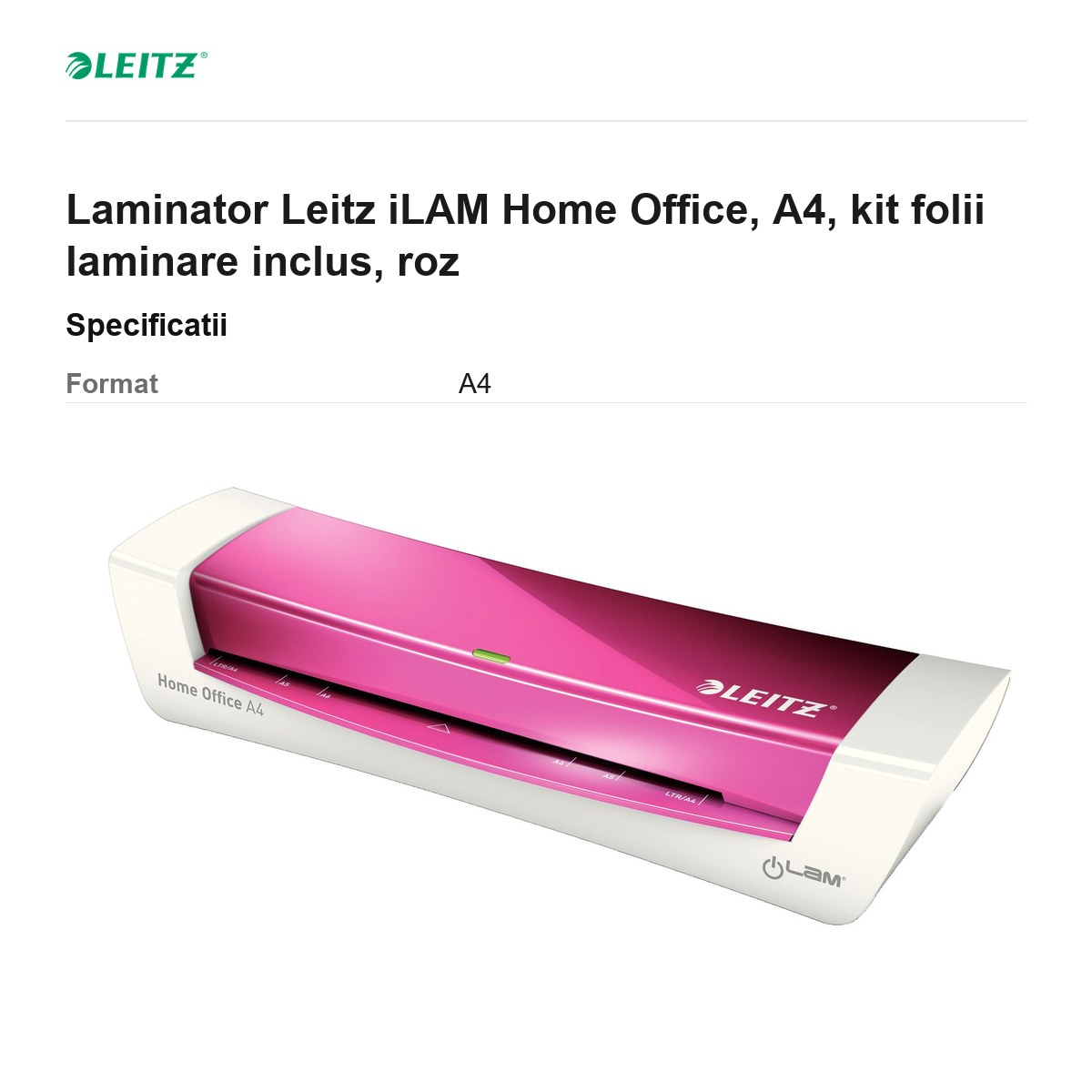 Laminator Leitz iLAM Home Office, A4, kit folii laminare inclus, roz [3]