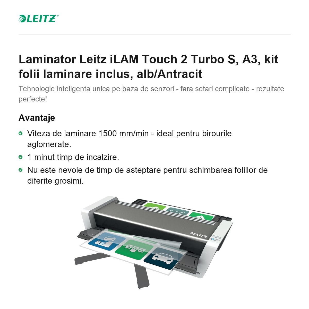 Laminator Leitz iLAM Touch 2 Turbo S, A3, kit folii laminare inclus, alb/Antracit [2]
