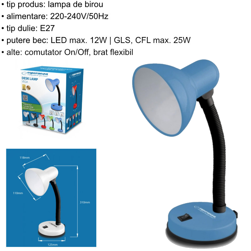 Lampa de birou cu brat flexibil, Esperanza Vega 94376, 31 cm inaltime, dulie E27, albastra [8]