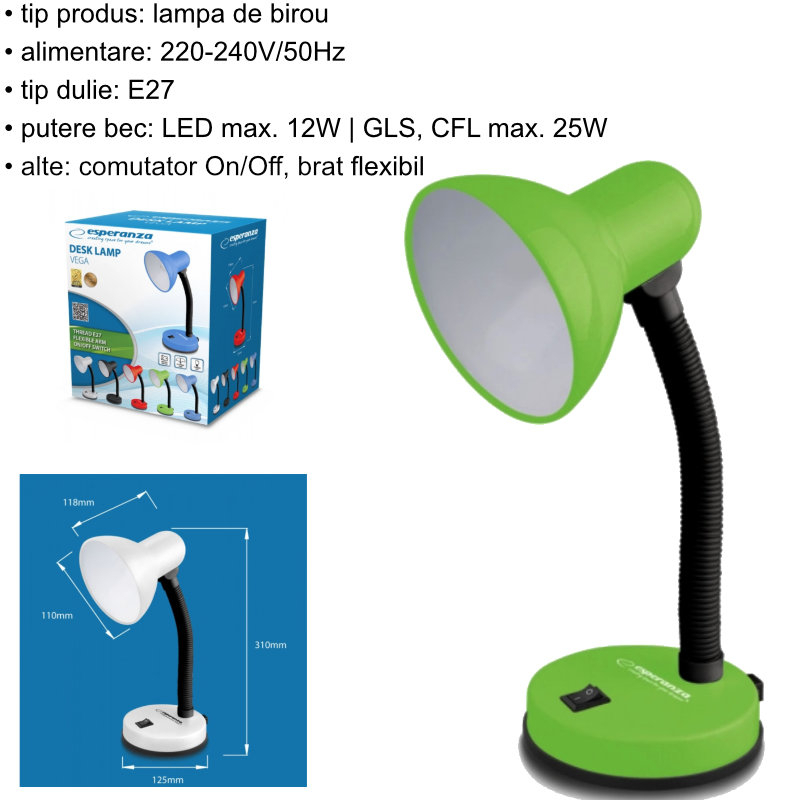 Lampa de birou cu brat flexibil, Esperanza Vega 94377, 31cm inaltime, dulie E27, verde [7]