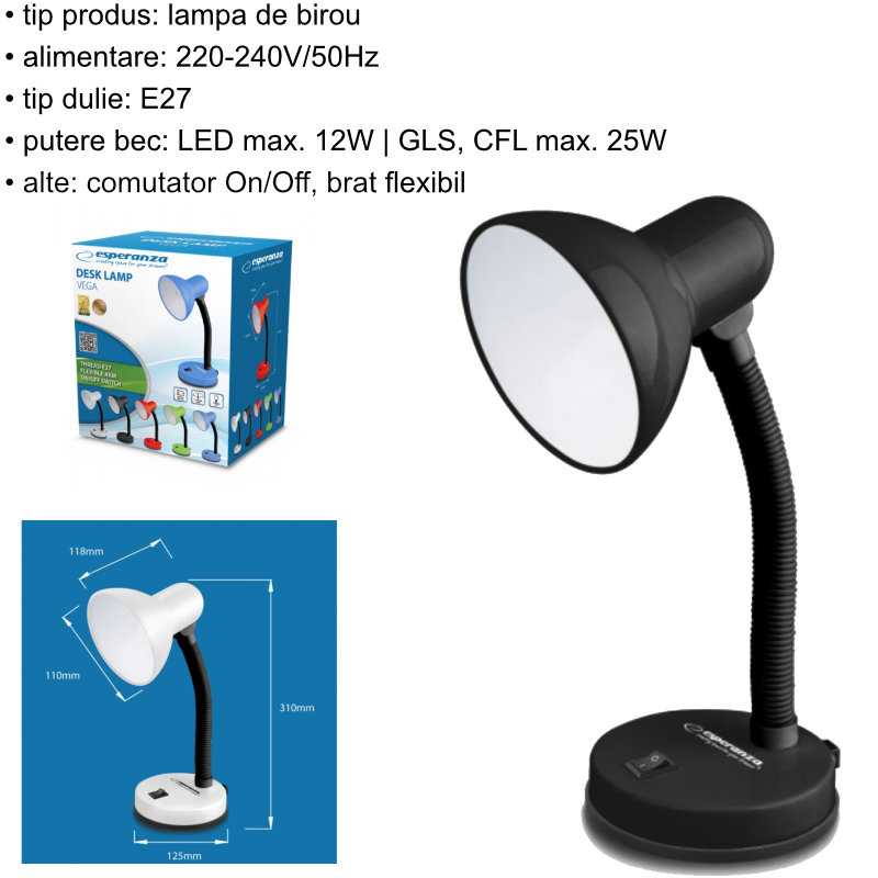 Lampa de birou cu brat flexibil, Esperanza Vega 94378, 31cm inaltime, dulie E27, neagra [7]