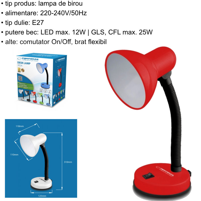 Lampa de birou cu brat flexibil, Esperanza Vega 94379, 31cm inaltime, dulie E27, rosie [7]
