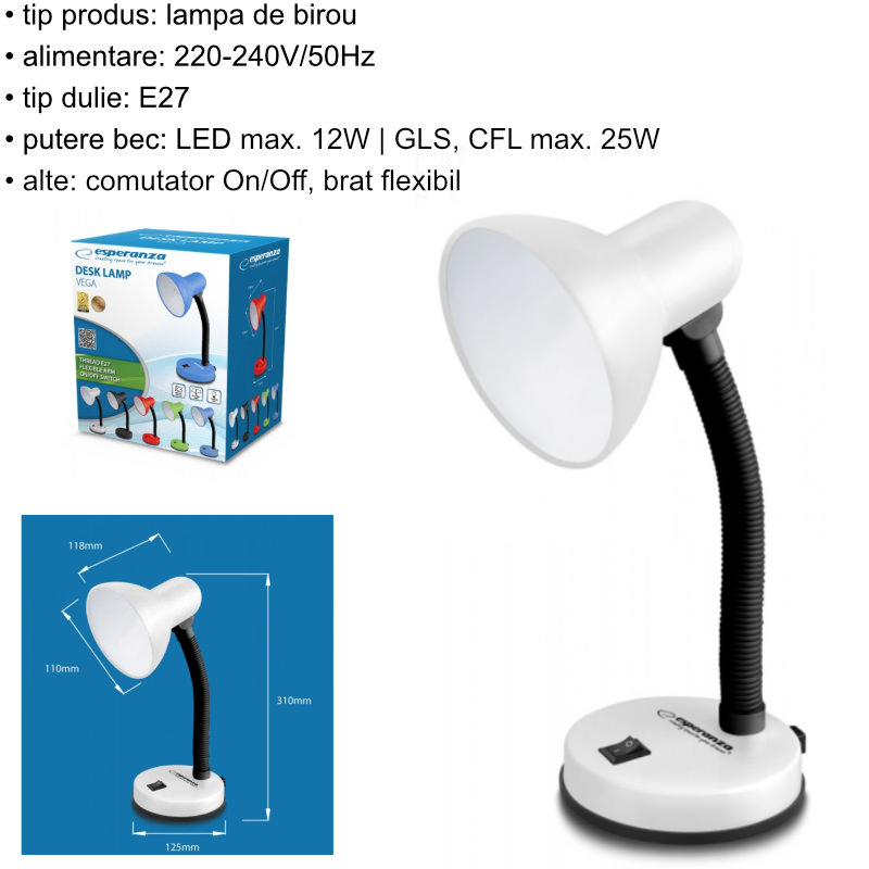 Lampa de birou cu brat flexibil, Esperanza Vega 94380, 31cm inaltime, dulie E27, alba [6]