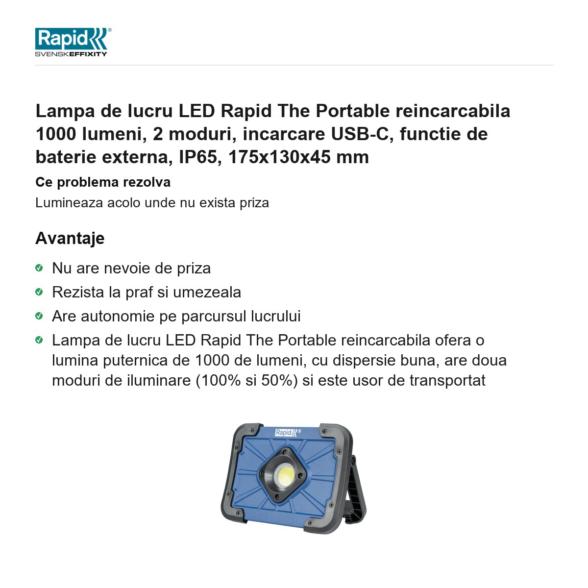 Lampa de lucru LED Rapid The Portable reincarcabila 1000 lumeni, 2 moduri, incarcare USB-C, functie de baterie externa, IP65, 175x130x45 mm [2]