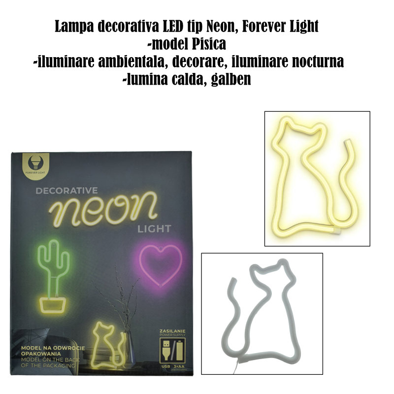Lampa decorativa LED tip Neon, model Pisica, 24 x 17 cm, Forever Light Cat 94935, iluminare decorativa, lumina calda, galben [7]
