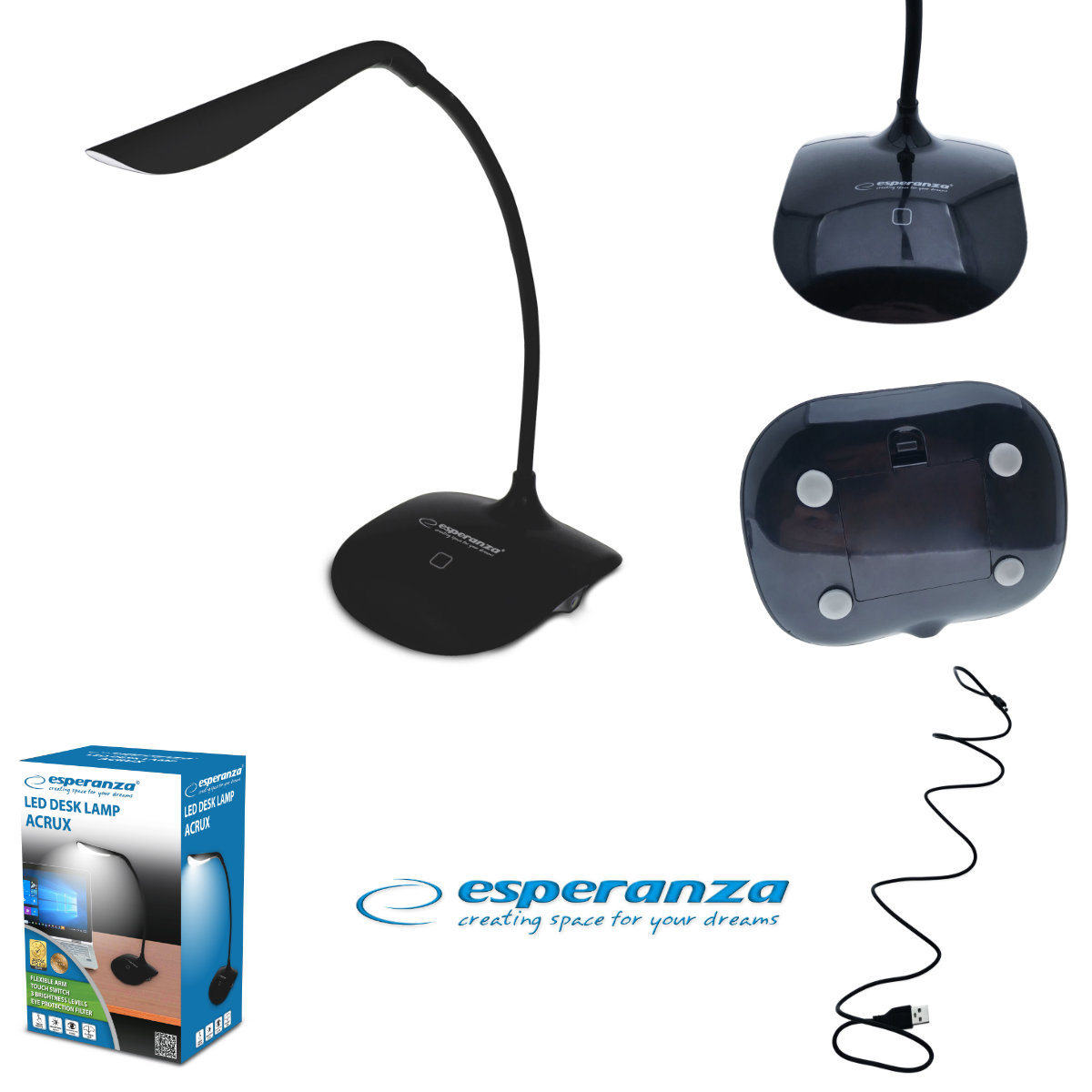 Lampa LED, Esperanza Acrux ELD103K, brat flexibil 21 cm, alimentare duala, cablu 110 cm, 4 x AAA, neagra [4]
