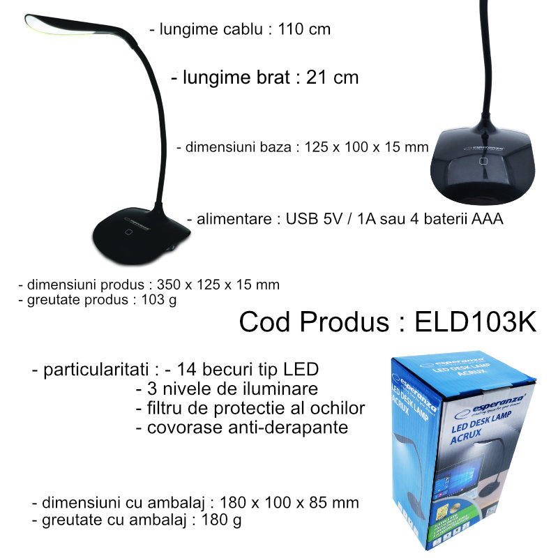 Lampa LED, Esperanza Acrux ELD103K, brat flexibil 21 cm, alimentare duala, cablu 110 cm, 4 x AAA, neagra [6]