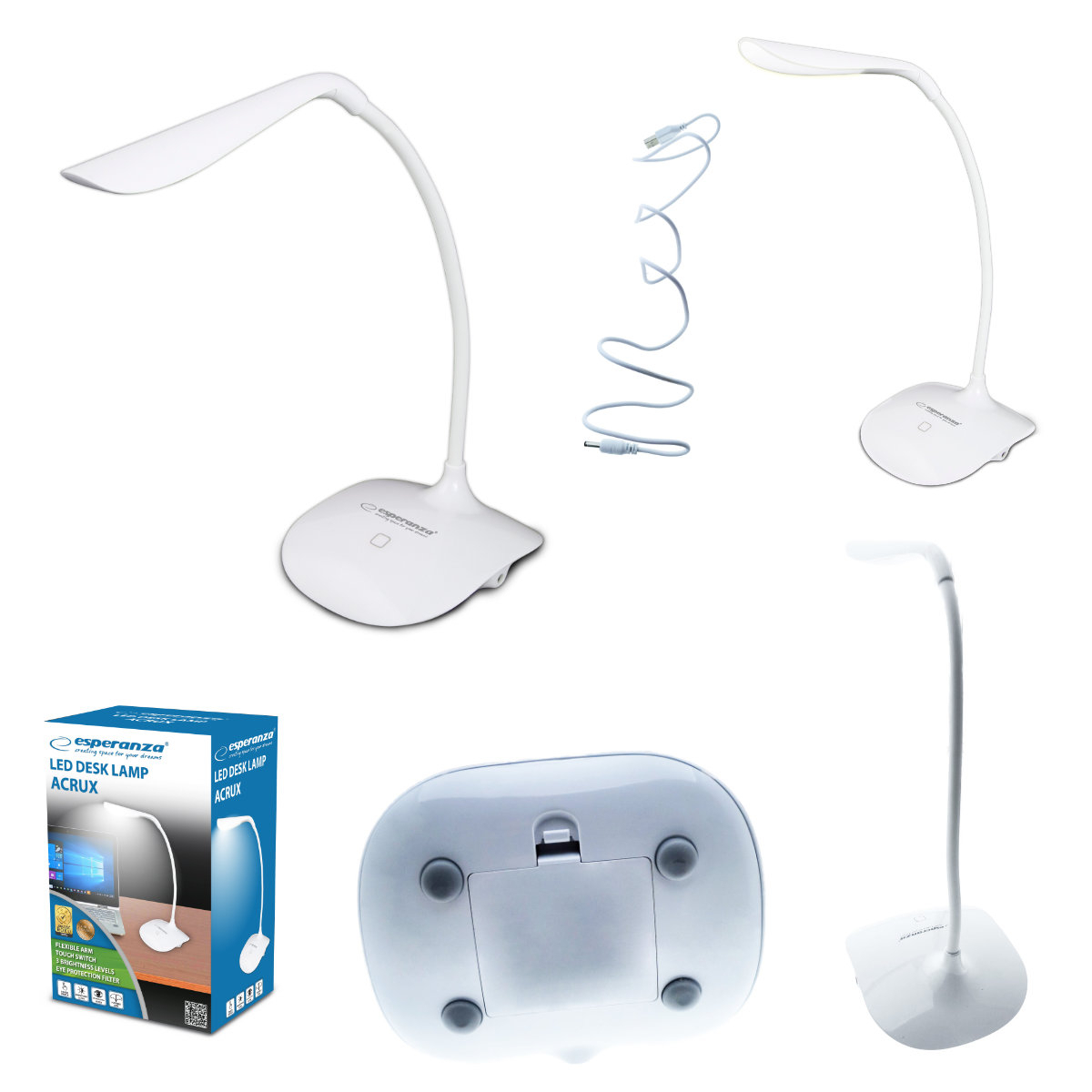 Lampa LED, Esperanza Acrux ELD103W, brat flexibil 21 cm, alimentare duala, cablu 110 cm, 4 x AAA, alba [3]