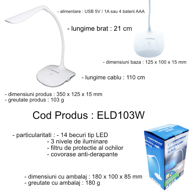Lampa LED, Esperanza Acrux ELD103W, brat flexibil 21 cm, alimentare duala, cablu 110 cm, 4 x AAA, alba [6]