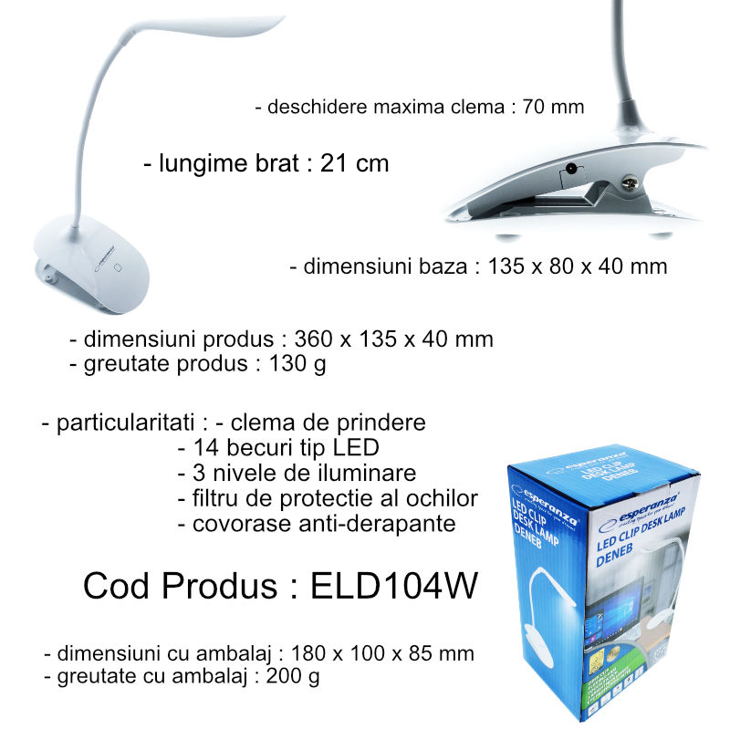 Lampa LED, Esperanza Deneb ELD104W, cu clema de prindere, brat flexibil 21 cm, cablu 110 cm, alba [6]