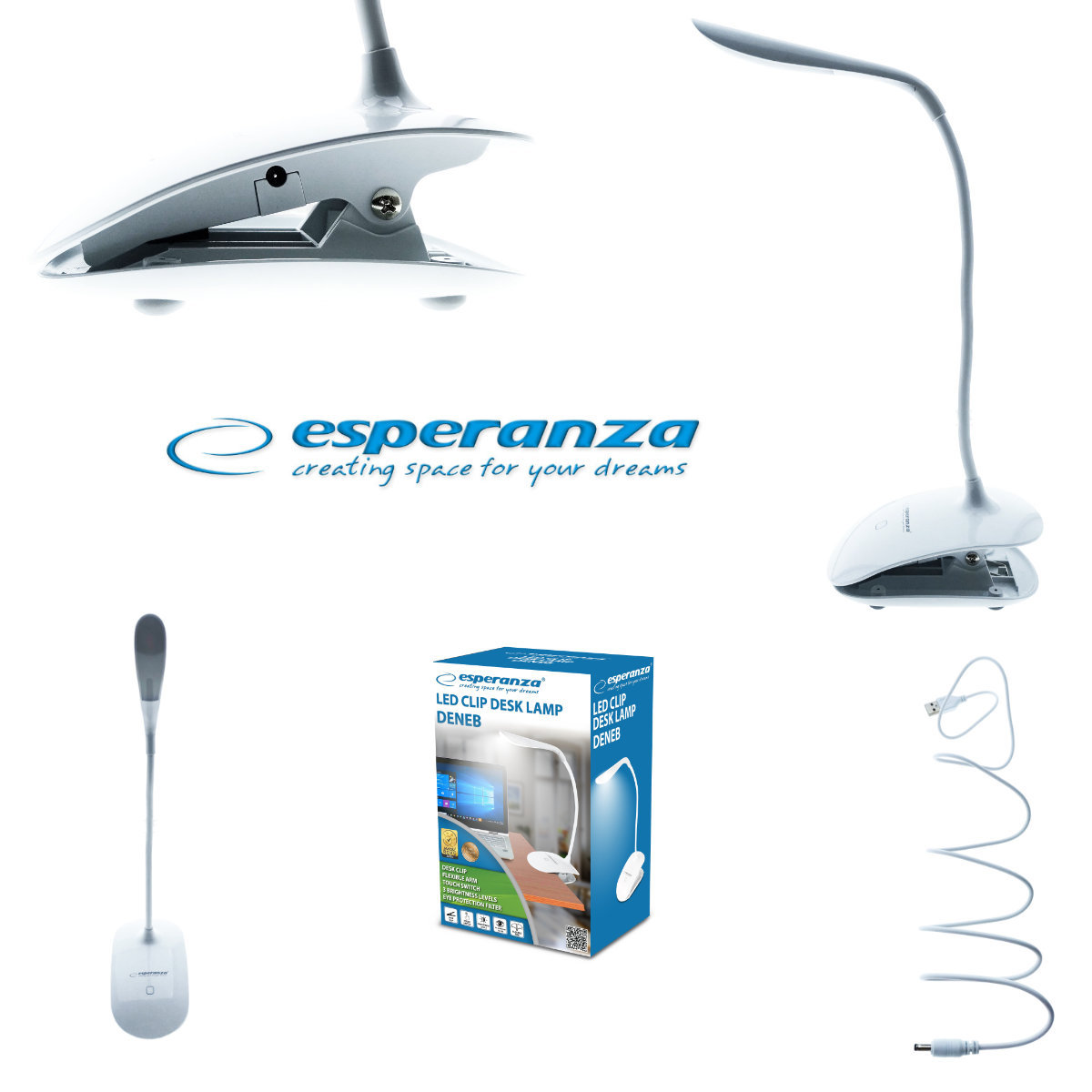Lampa LED, Esperanza Deneb ELD104W, cu clema de prindere, brat flexibil 21 cm, cablu 110 cm, alba [3]