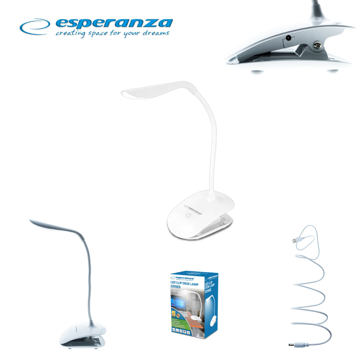 Lampa LED, Esperanza Deneb ELD104W, cu clema de prindere, brat flexibil 21 cm, cablu 110 cm, alba [4]