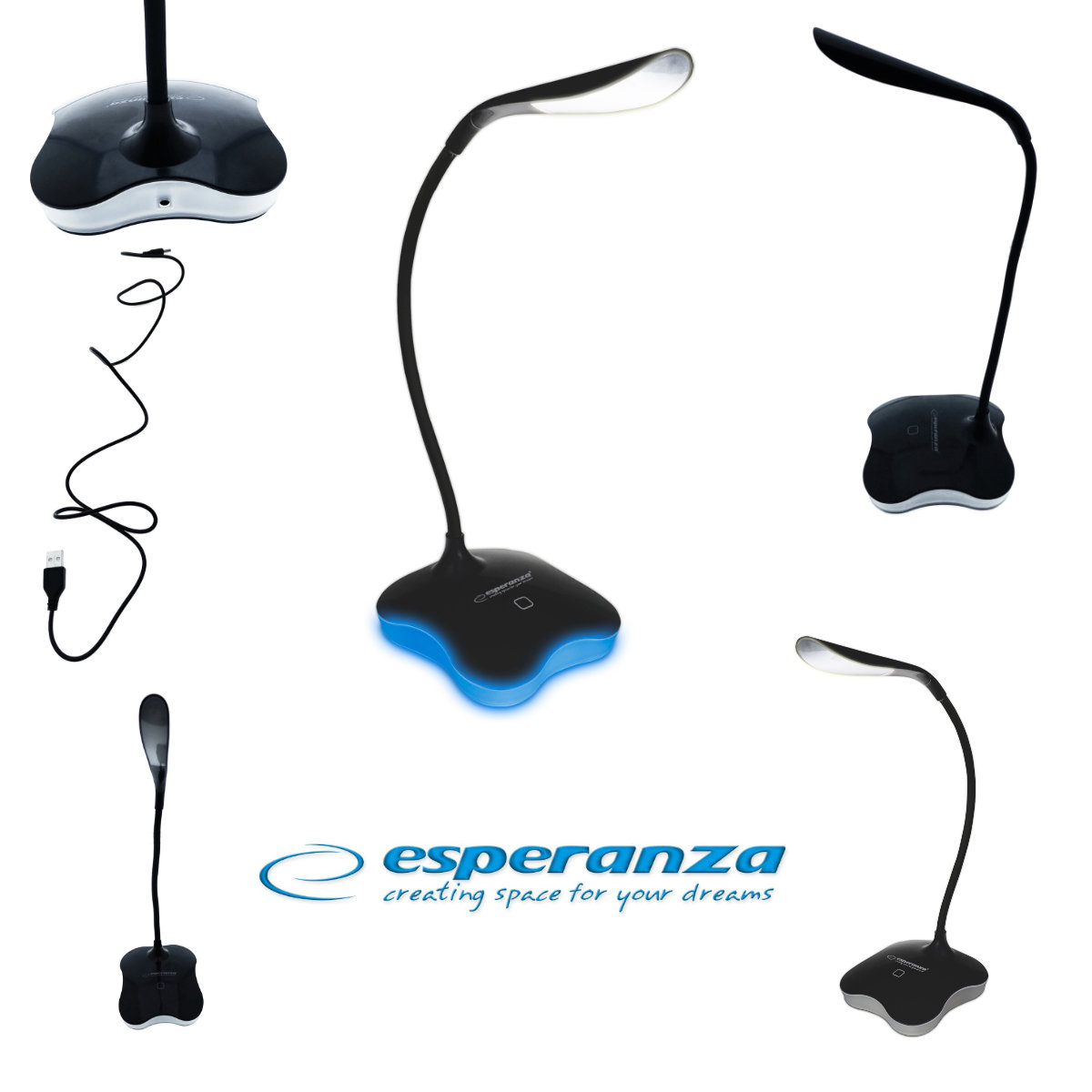 Lampa LED, Esperanza Mimosa ELD105K, cu baza iluminata, brat flexibil 21 cm, alimentare duala, cablu 110 cm, 4 x AAA, neagra [3]