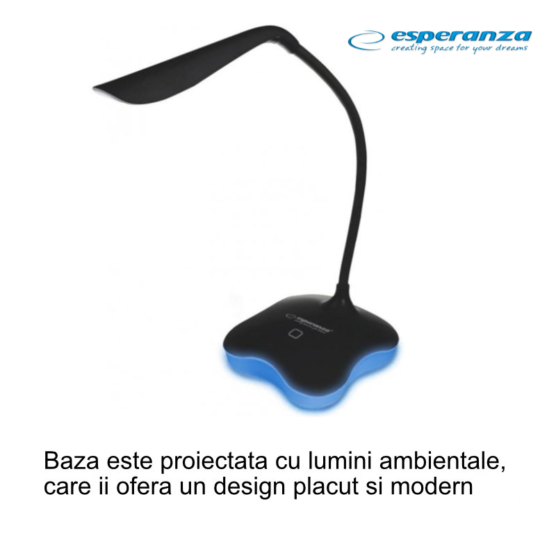Lampa LED, Esperanza Mimosa ELD105K, cu baza iluminata, brat flexibil 21 cm, alimentare duala, cablu 110 cm, 4 x AAA, neagra [7]