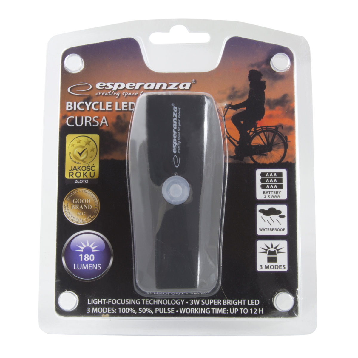 Lampa LED pentru fata bicicleta, Esperanza Cursa, 3 moduri iluminare, 180 lm lumina alba, alimentare 3 x AAA, neagra [5]