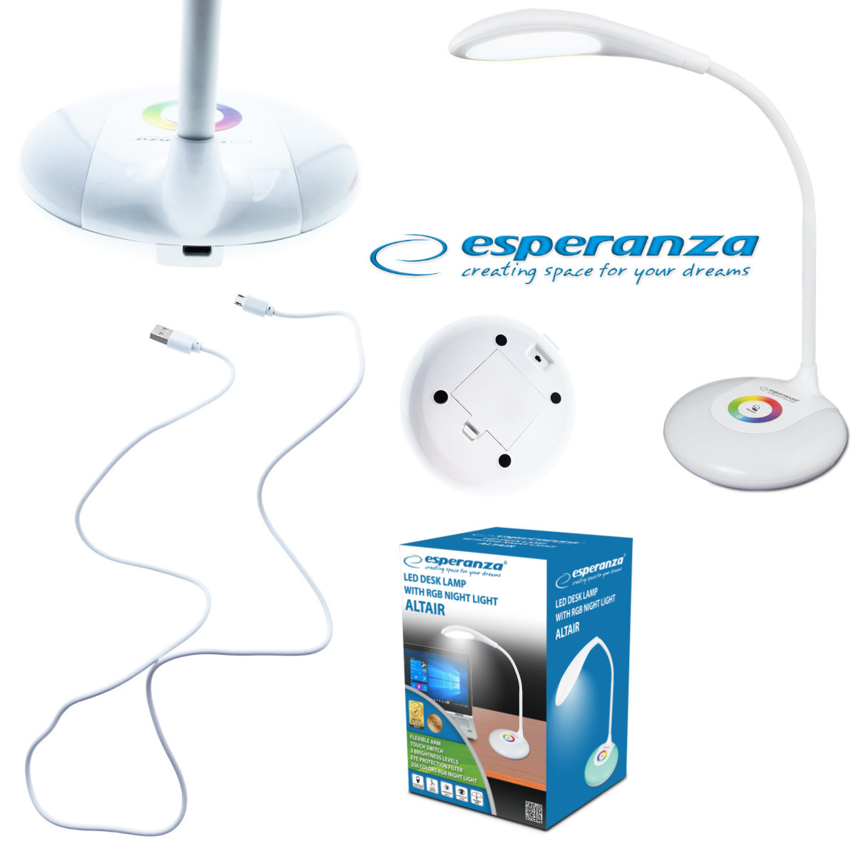 Lampa LED RGB, Esperanza Altair, cu brat flexibil 27 cm, alimentare duala, cablu 110 cm, 4 x AAA, alba [4]