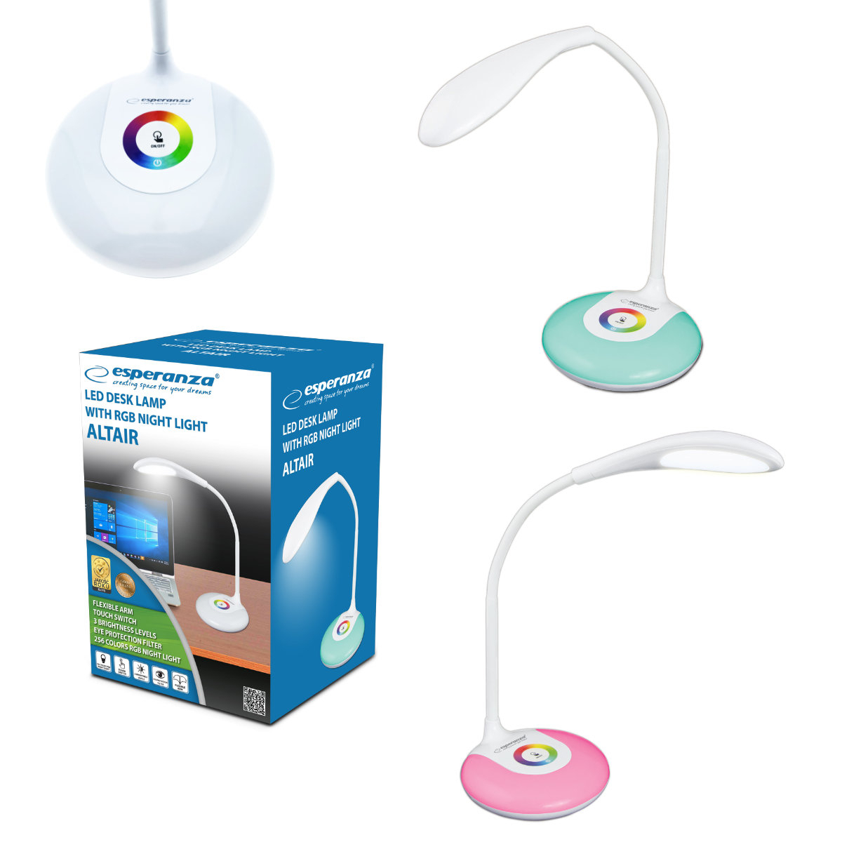 Lampa LED RGB, Esperanza Altair, cu brat flexibil 27 cm, alimentare duala, cablu 110 cm, 4 x AAA, alba [3]