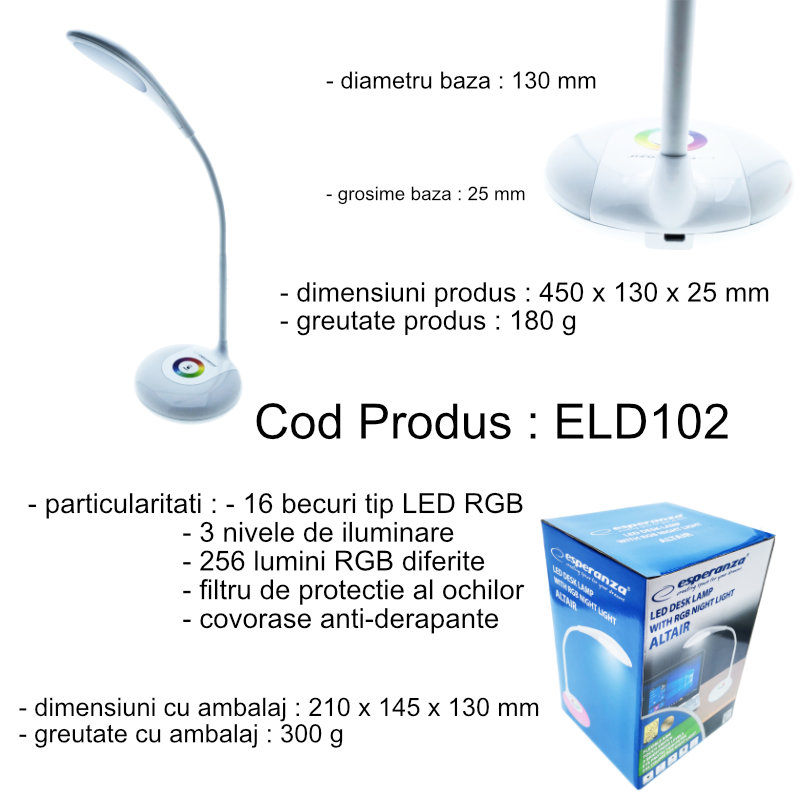Lampa LED RGB, Esperanza Altair, cu brat flexibil 27 cm, alimentare duala, cablu 110 cm, 4 x AAA, alba [6]