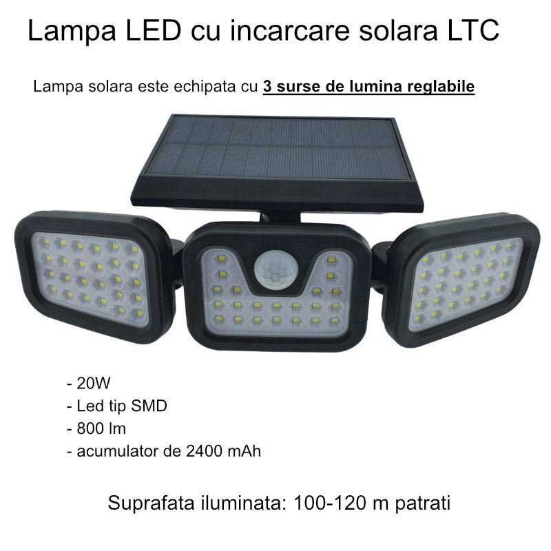 Lampa LED tripla, reglabila, cu incarcare solara, LTC 76691, 20W, SMD, 800lm, acumulator 2400mAh, cu senzori, neagra [6]