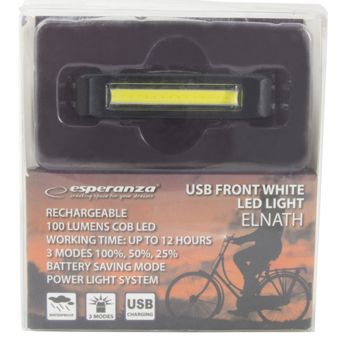 Lanterna fata bicicleta, Esperanza Elnath, dioda led de 100 lumeni, 3 moduri de iluminare, incarcare USB, culoare neagra, rezistenta la stropire [4]