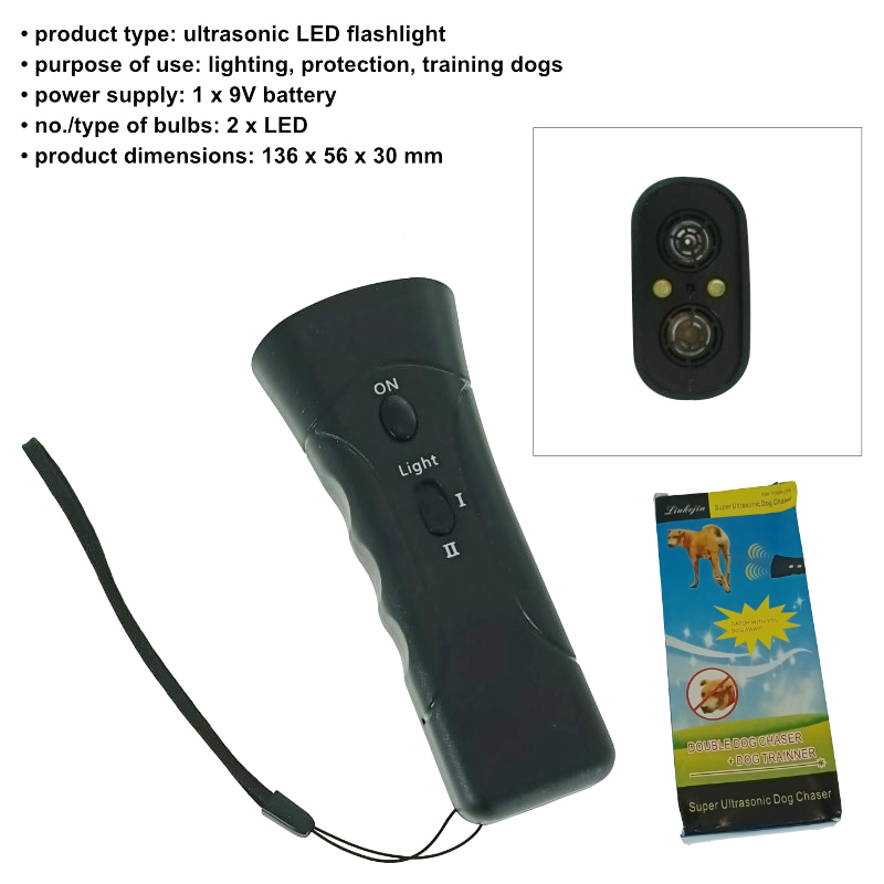 Lanterna LED cu aparat ultrasunete pentru caini, 2xLED, cu agatatoare, antrenament si protectie, neagra [7]