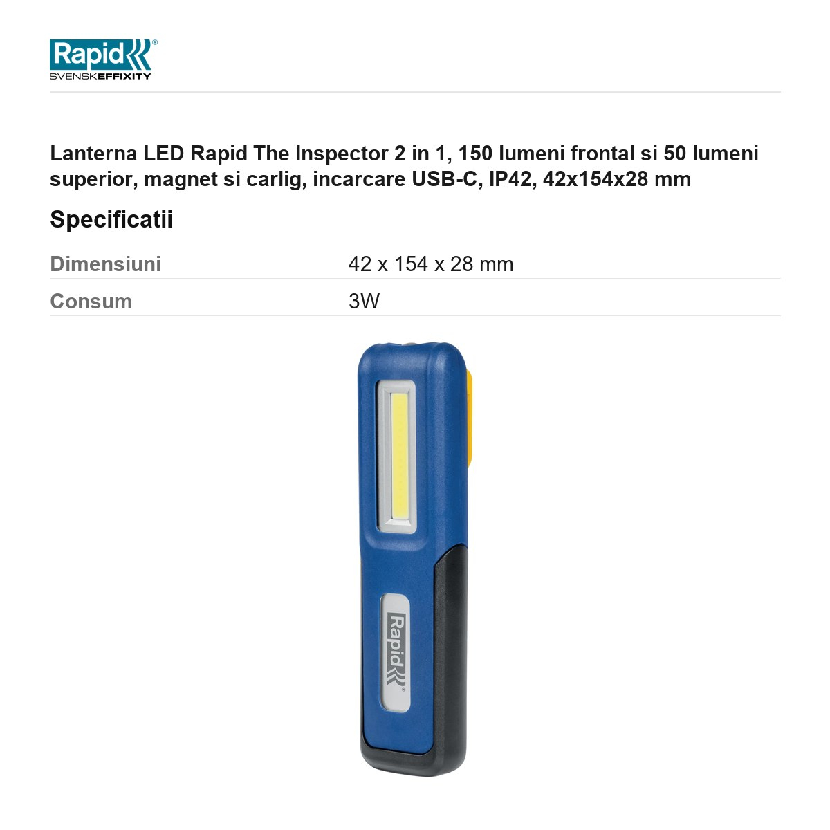 Lanterna LED Rapid The Inspector 2 in 1, 150 lumeni frontal si 50 lumeni superior, magnet si carlig, incarcare USB-C, IP42, 42x154x28 mm [3]
