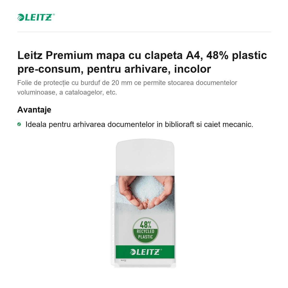 Leitz Premium mapa cu clapeta A4, 48% plastic pre-consum, pentru arhivare, incolor [2]