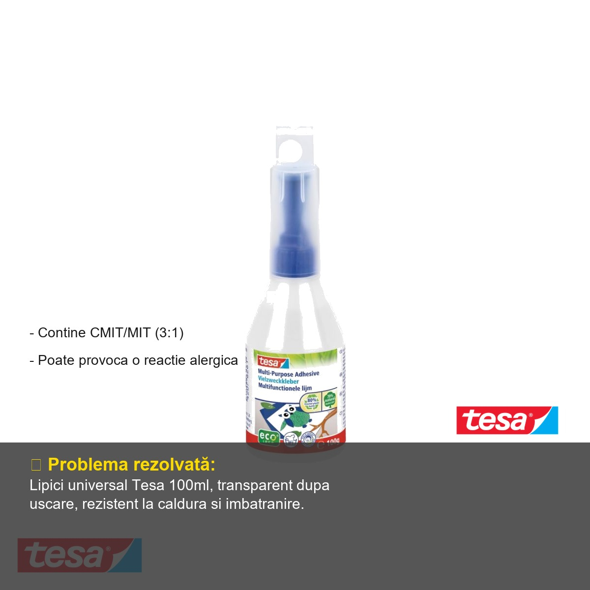 Lipici universal Tesa ecoLogo, transparent, capac multifunctional, 100ml, pentru hartie, textil si lemn [3]