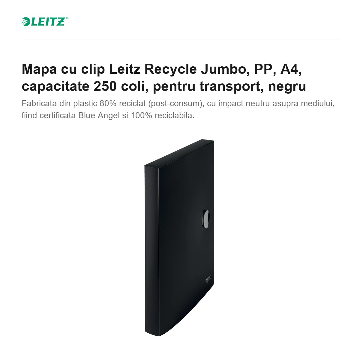 Mapa cu clip Leitz Recycle Jumbo, PP, A4, capacitate 250 coli, pentru transport, negru [2]