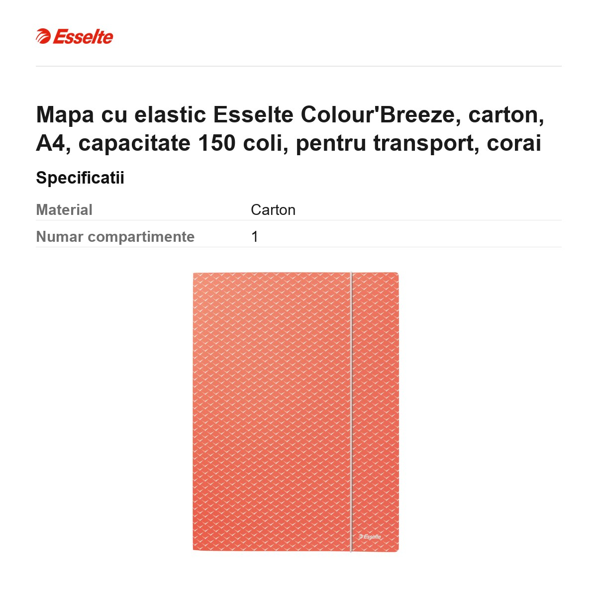 Mapa cu elastic Esselte Colour'Breeze, carton, A4, capacitate 150 coli, pentru transport, corai [3]