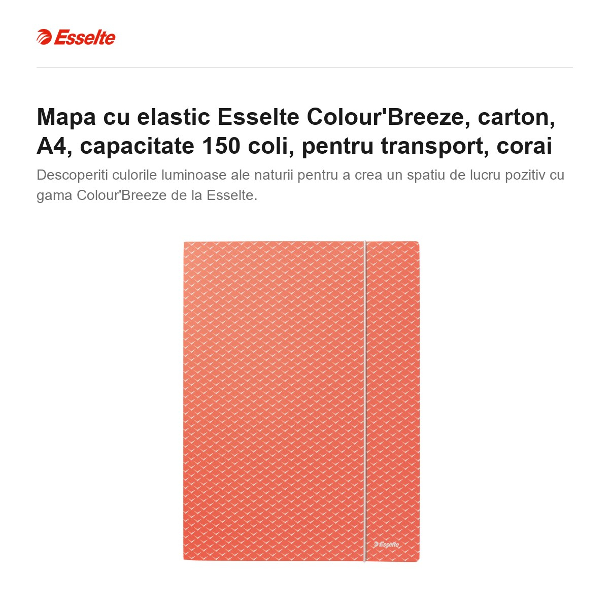 Mapa cu elastic Esselte Colour'Breeze, carton, A4, capacitate 150 coli, pentru transport, corai [2]
