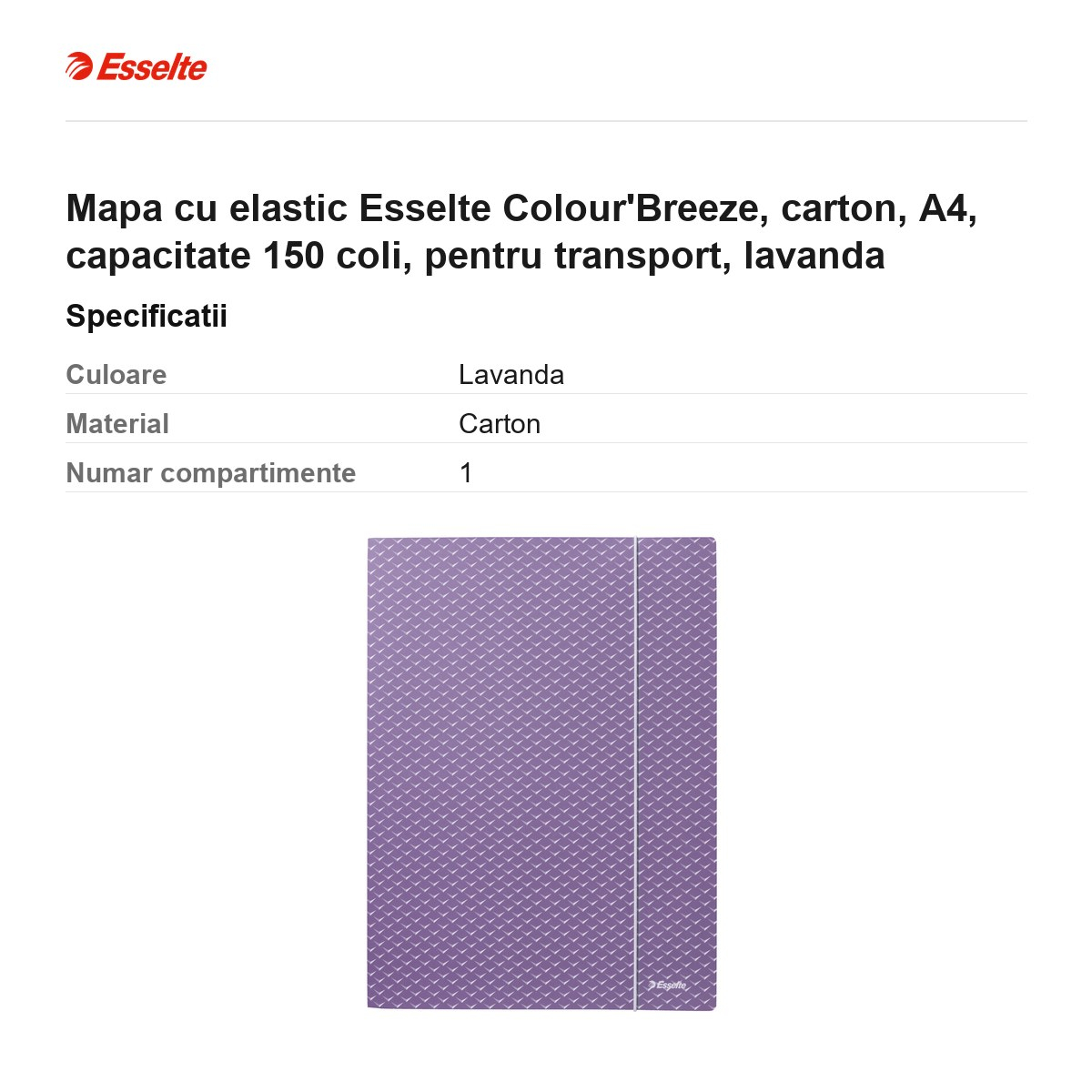 Mapa cu elastic Esselte Colour'Breeze, carton, A4, capacitate 150 coli, pentru transport, lavanda [3]
