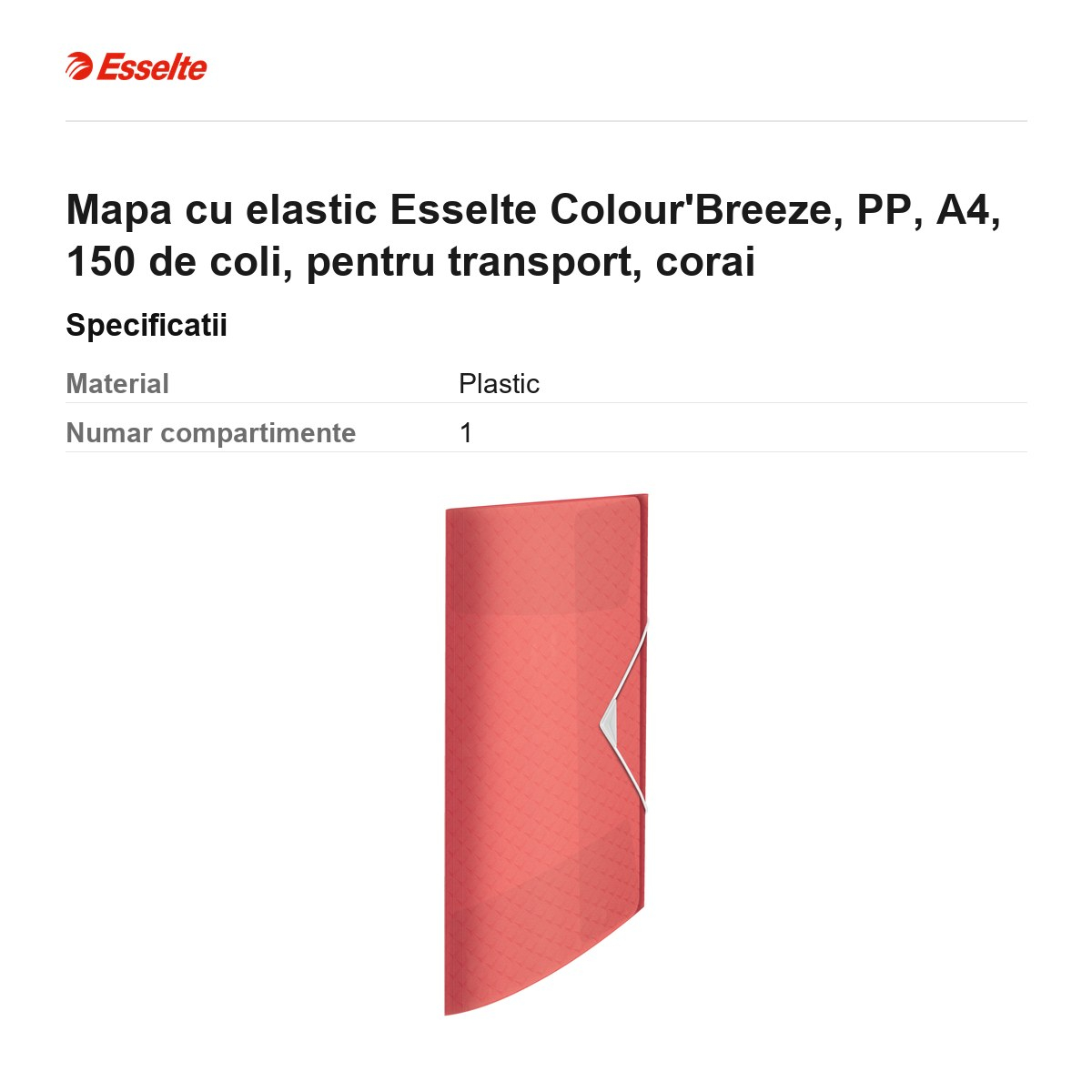 Mapa cu elastic Esselte Colour'Breeze, PP, A4, 150 de coli, pentru transport, corai [3]