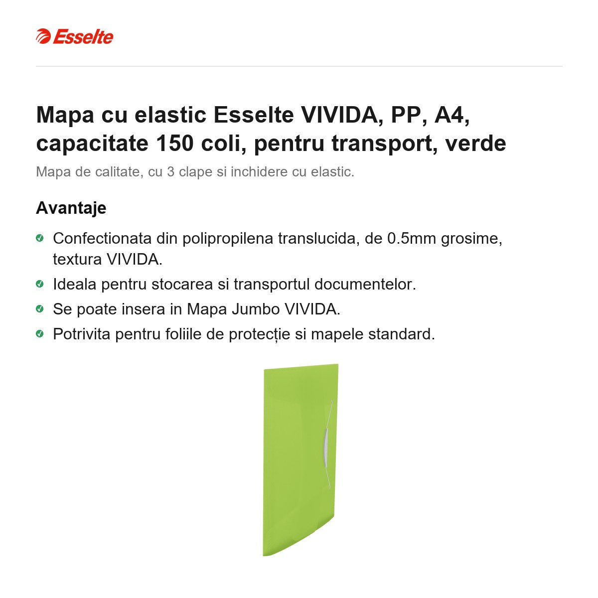 Mapa cu elastic Esselte VIVIDA, PP, A4, capacitate 150 coli, pentru transport, verde [2]